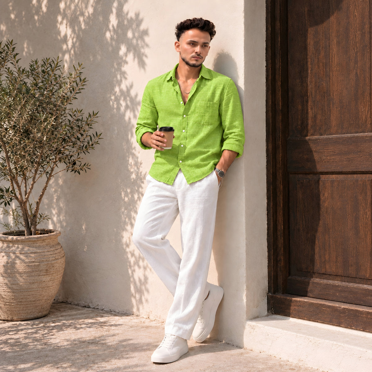 LAQASA 100% Pure Khadi Linen Fabric – Fresh Lime Green | Unstitched