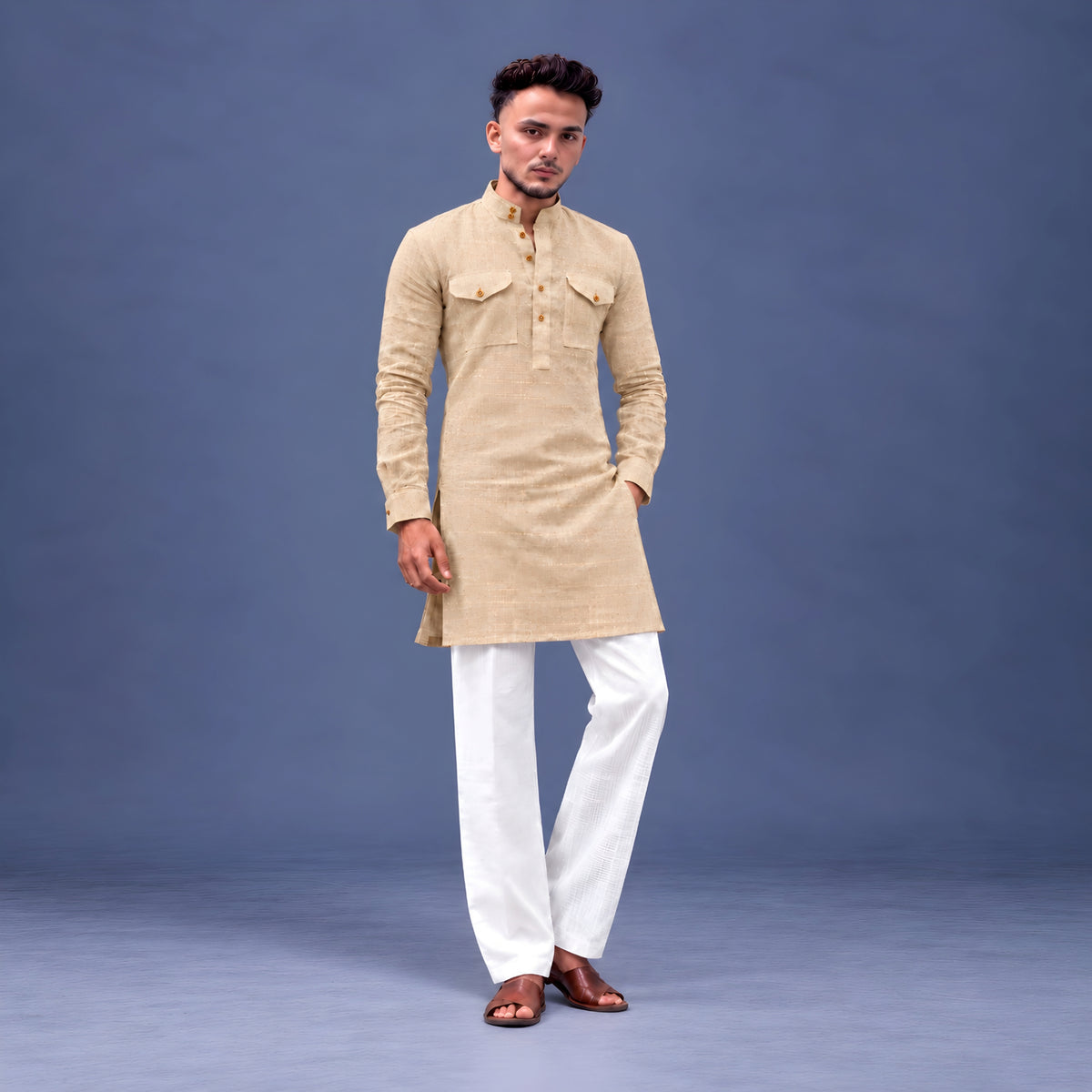 LAQASA 100% Pure Khadi Linen Fabric – Warm Sand Beige | Unstitched