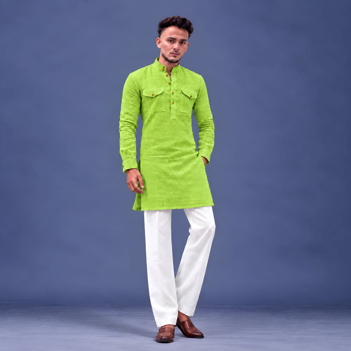 LAQASA 100% Pure Khadi Linen Fabric – Fresh Lime Green | Unstitched