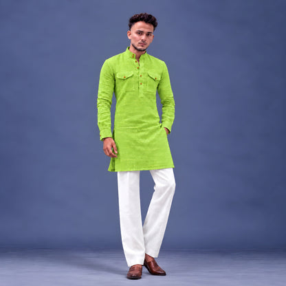 LAQASA 100% Pure Khadi Linen Fabric – Fresh Lime Green | Unstitched