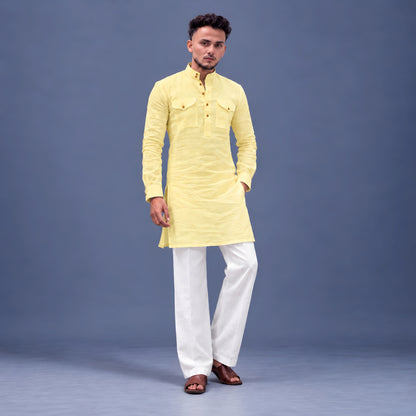 LAQASA 100% Pure Khadi Linen Fabric – Pale Butter Yellow | Unstitched