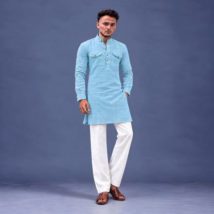 LAQASA 100% Pure Khadi Linen Fabric – Aqua Sky Blue | Unstitched