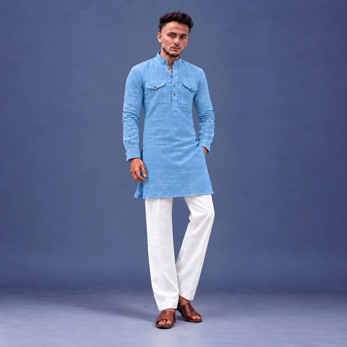 LAQASA 100% Pure Khadi Linen Fabric – Sky Blue | Unstitched