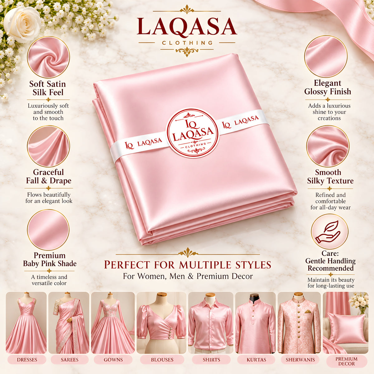 LAQASA Satin Silk Fabric – Baby Pink | Unstitched