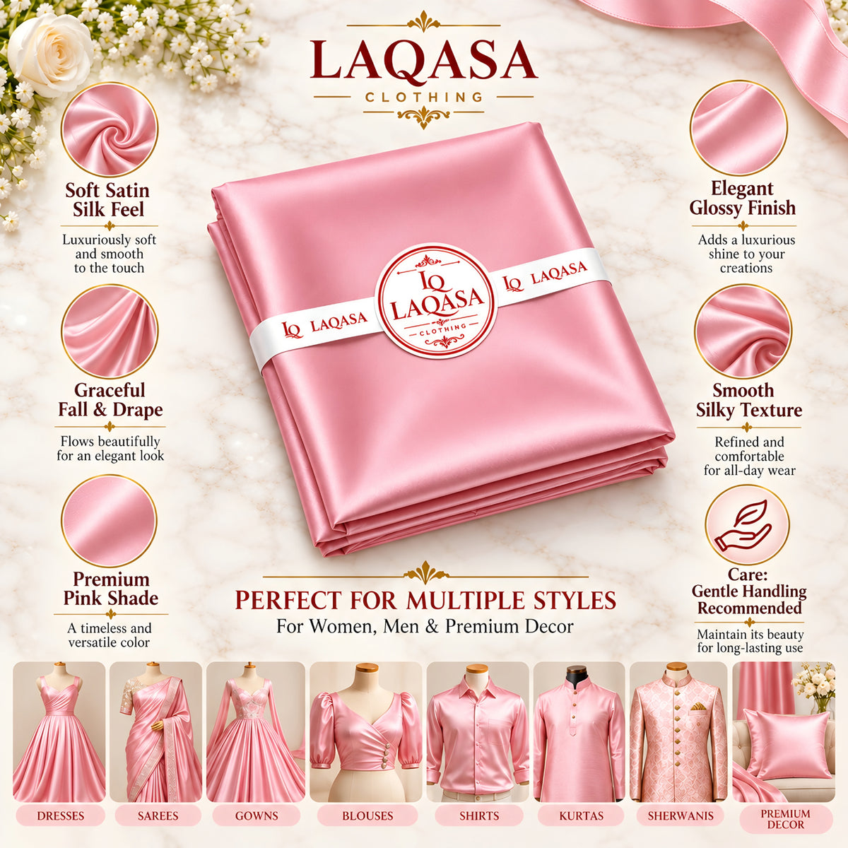 LAQASA Satin Silk Fabric – Pink | Unstitched