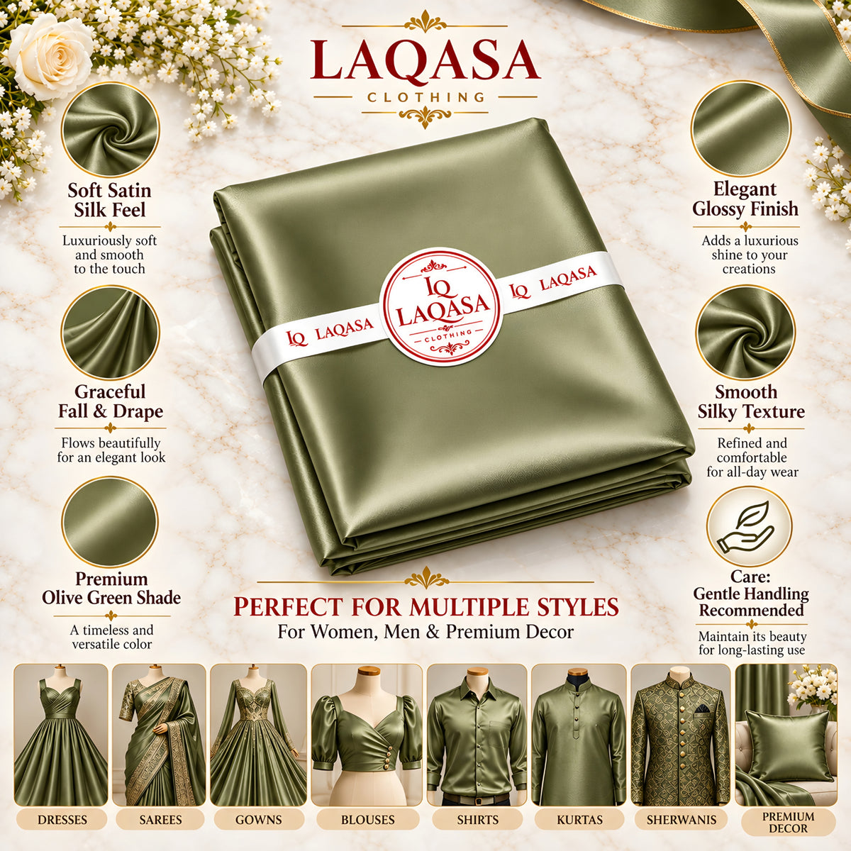 LAQASA Satin Silk Fabric – Olive Green | Unstitched