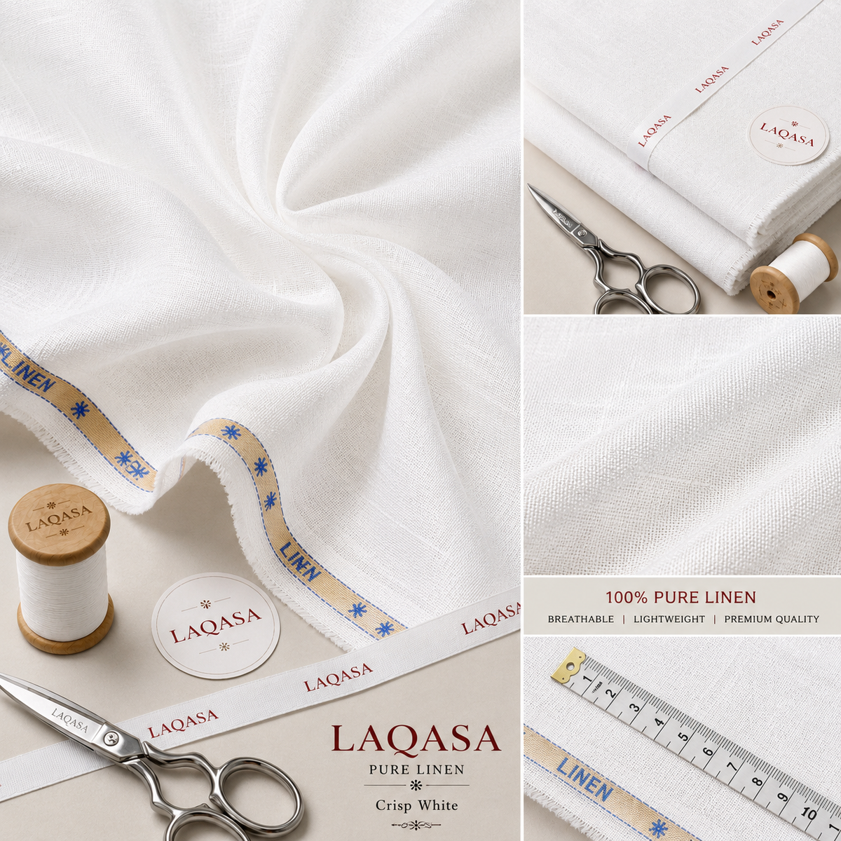 LAQASA 100% Pure Khadi Linen Fabric – Crisp White | Unstitched