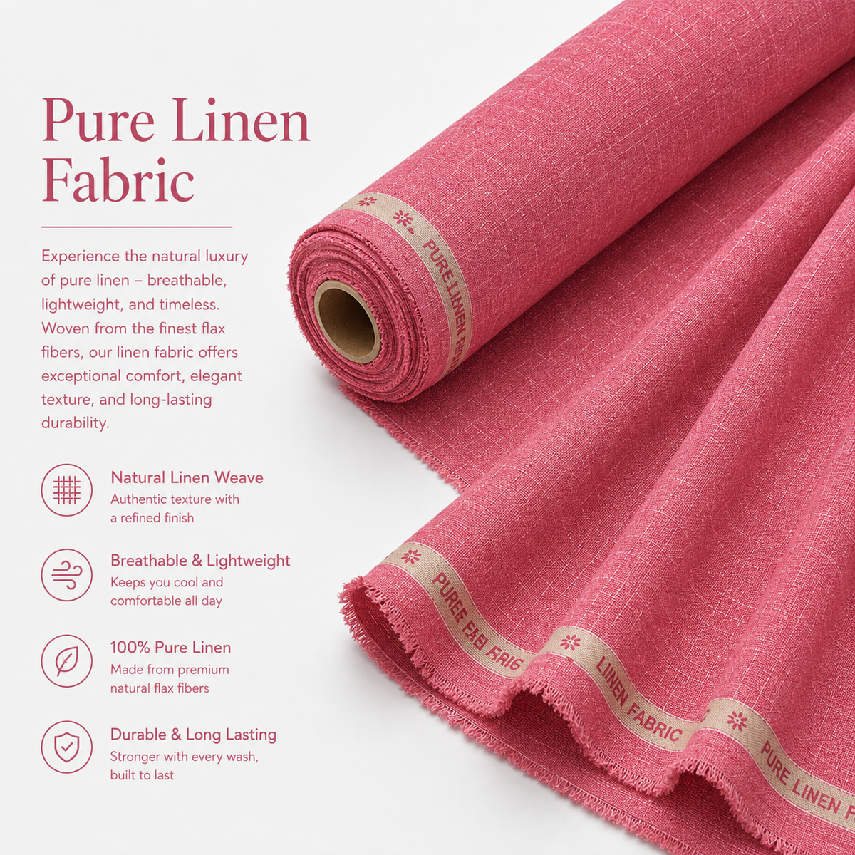 LAQASA 100% Pure Khadi Linen Fabric – Rose Pink | Unstitched