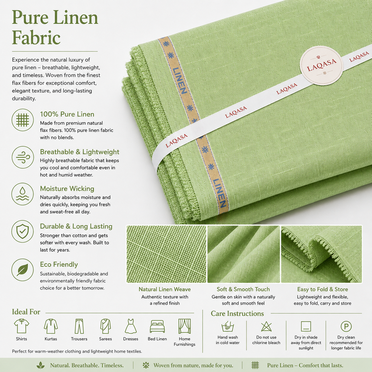 LAQASA 100% Pure Khadi Linen Fabric – Pistachio Green | Unstitched