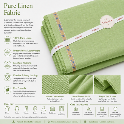 LAQASA 100% Pure Khadi Linen Fabric – Pistachio Green | Unstitched