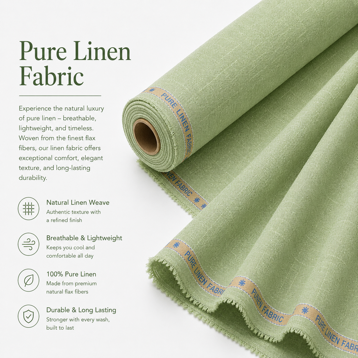 LAQASA 100% Pure Khadi Linen Fabric – Pistachio Green | Unstitched