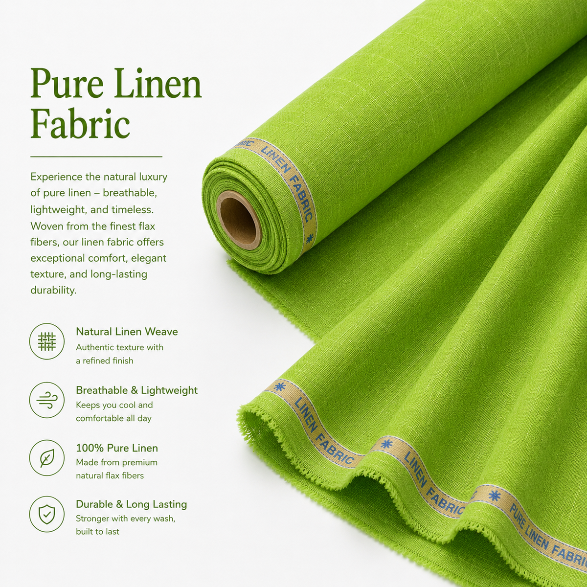 LAQASA 100% Pure Khadi Linen Fabric – Fresh Lime Green | Unstitched