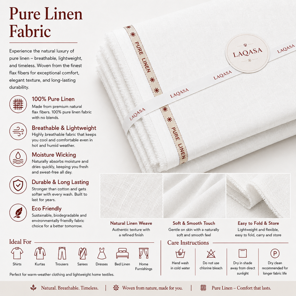 LAQASA 100% Pure Khadi Linen Fabric – Crisp White | Unstitched