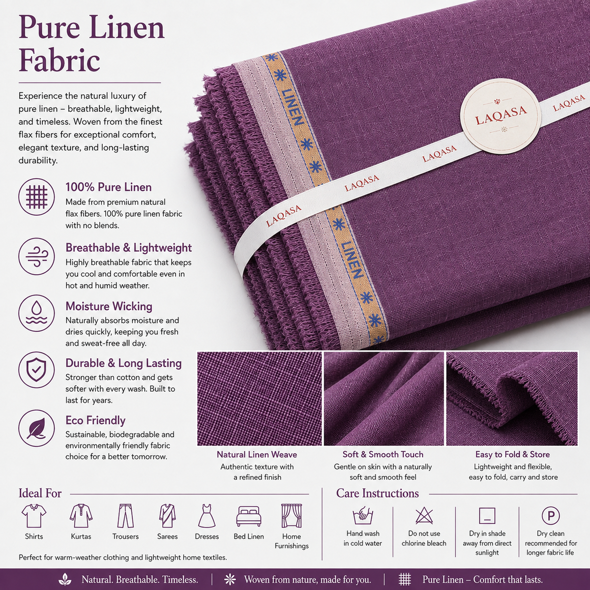 LAQASA 100% Pure Khadi Linen Fabric – Plum Purple | Unstitched