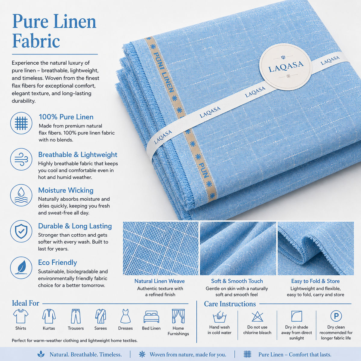 LAQASA 100% Pure Khadi Linen Fabric – Sky Blue | Unstitched