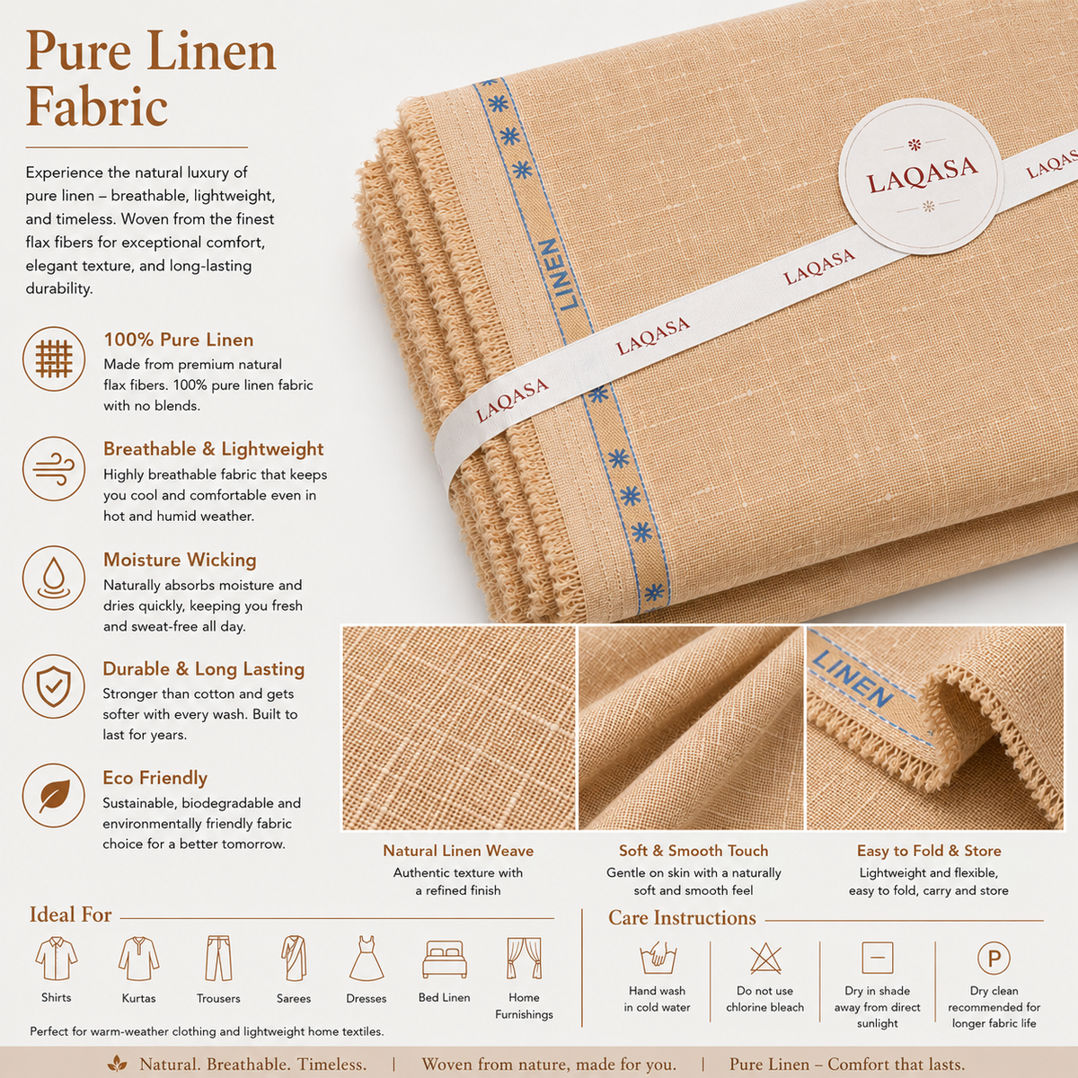 LAQASA 100% Pure Khadi Linen Fabric – Warm Sand Beige | Unstitched