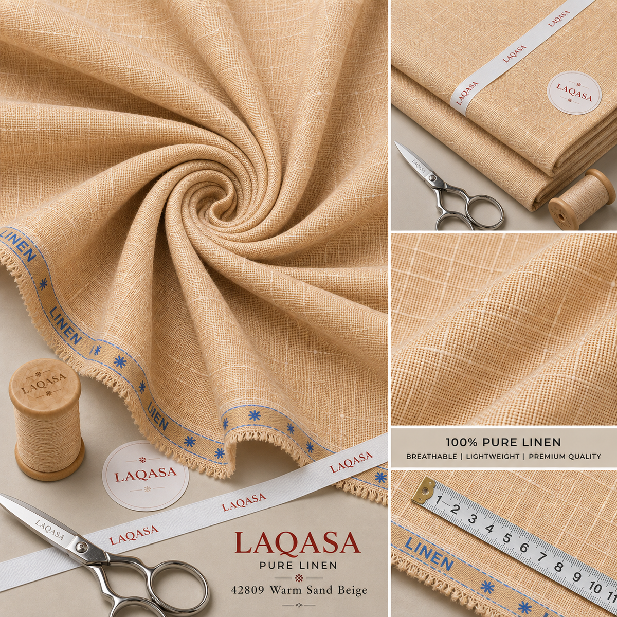 LAQASA 100% Pure Khadi Linen Fabric – Warm Sand Beige | Unstitched