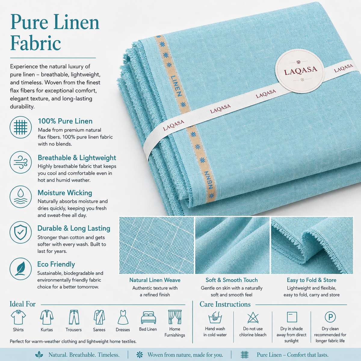 LAQASA 100% Pure Khadi Linen Fabric – Aqua Sky Blue | Unstitched