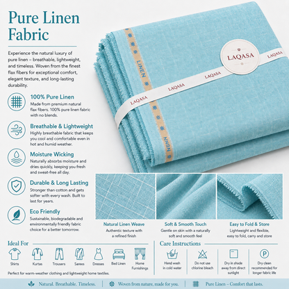 LAQASA 100% Pure Khadi Linen Fabric – Aqua Sky Blue | Unstitched