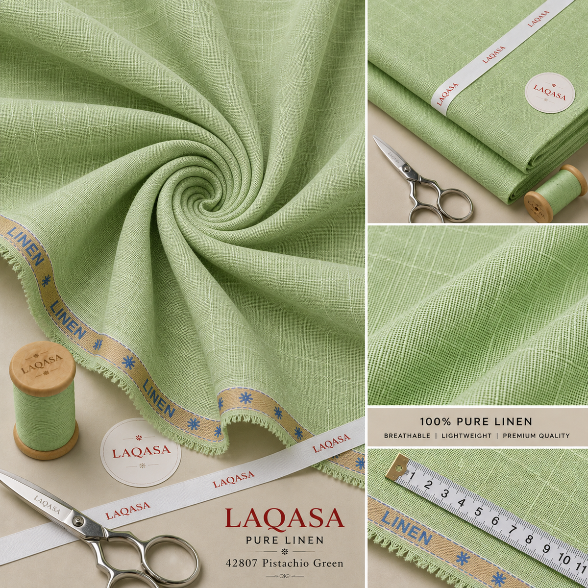 LAQASA 100% Pure Khadi Linen Fabric – Pistachio Green | Unstitched