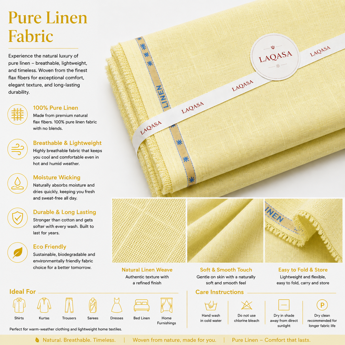 LAQASA 100% Pure Khadi Linen Fabric – Pale Butter Yellow | Unstitched