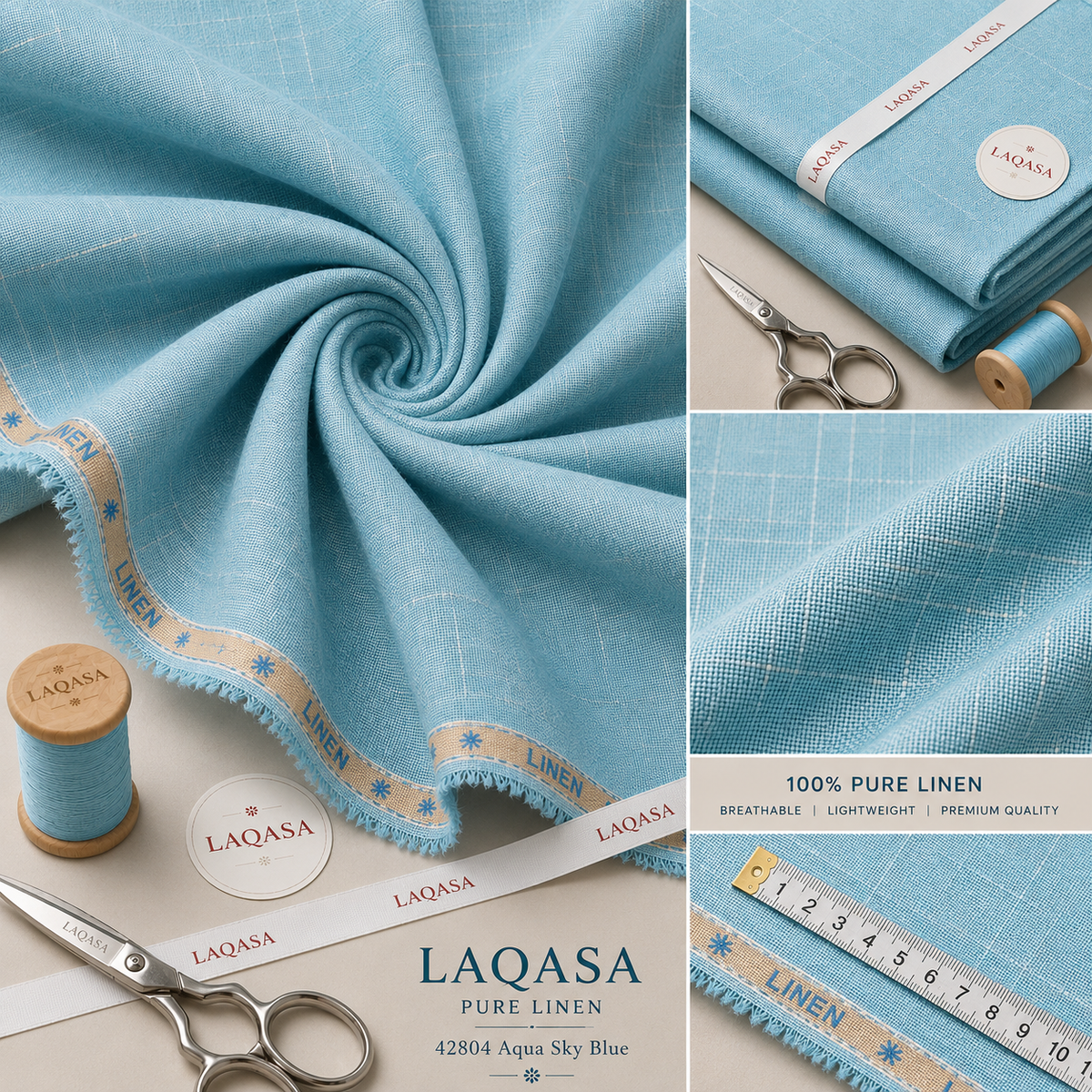 LAQASA 100% Pure Khadi Linen Fabric – Aqua Sky Blue | Unstitched