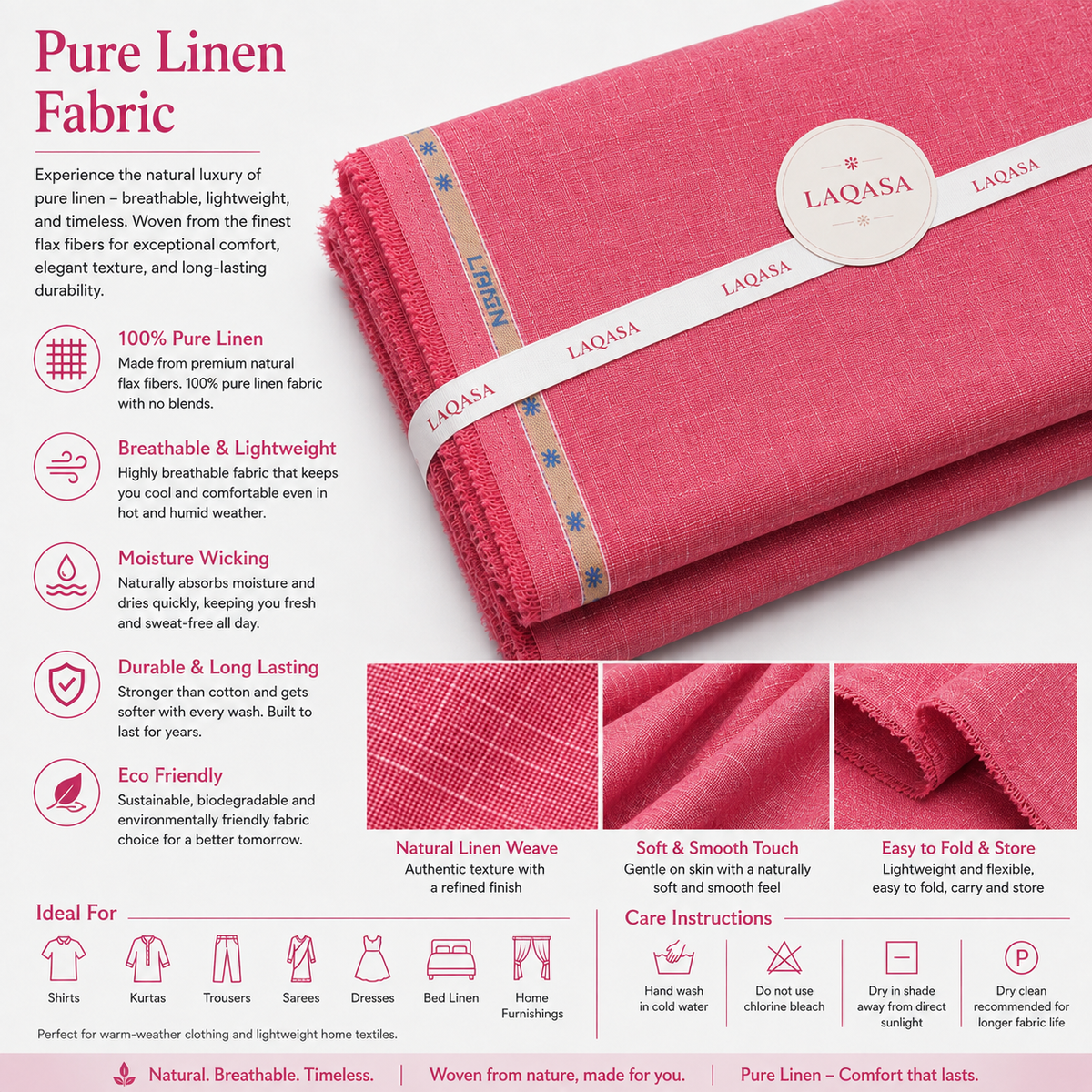 LAQASA 100% Pure Khadi Linen Fabric – Rose Pink | Unstitched
