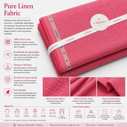 LAQASA 100% Pure Khadi Linen Fabric – Rose Pink | Unstitched