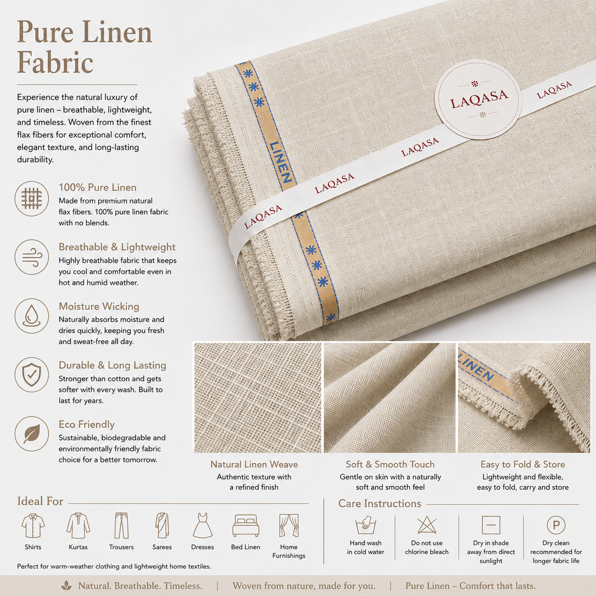 LAQASA 100% Pure Khadi Linen Fabric – Oat Beige | Unstitched