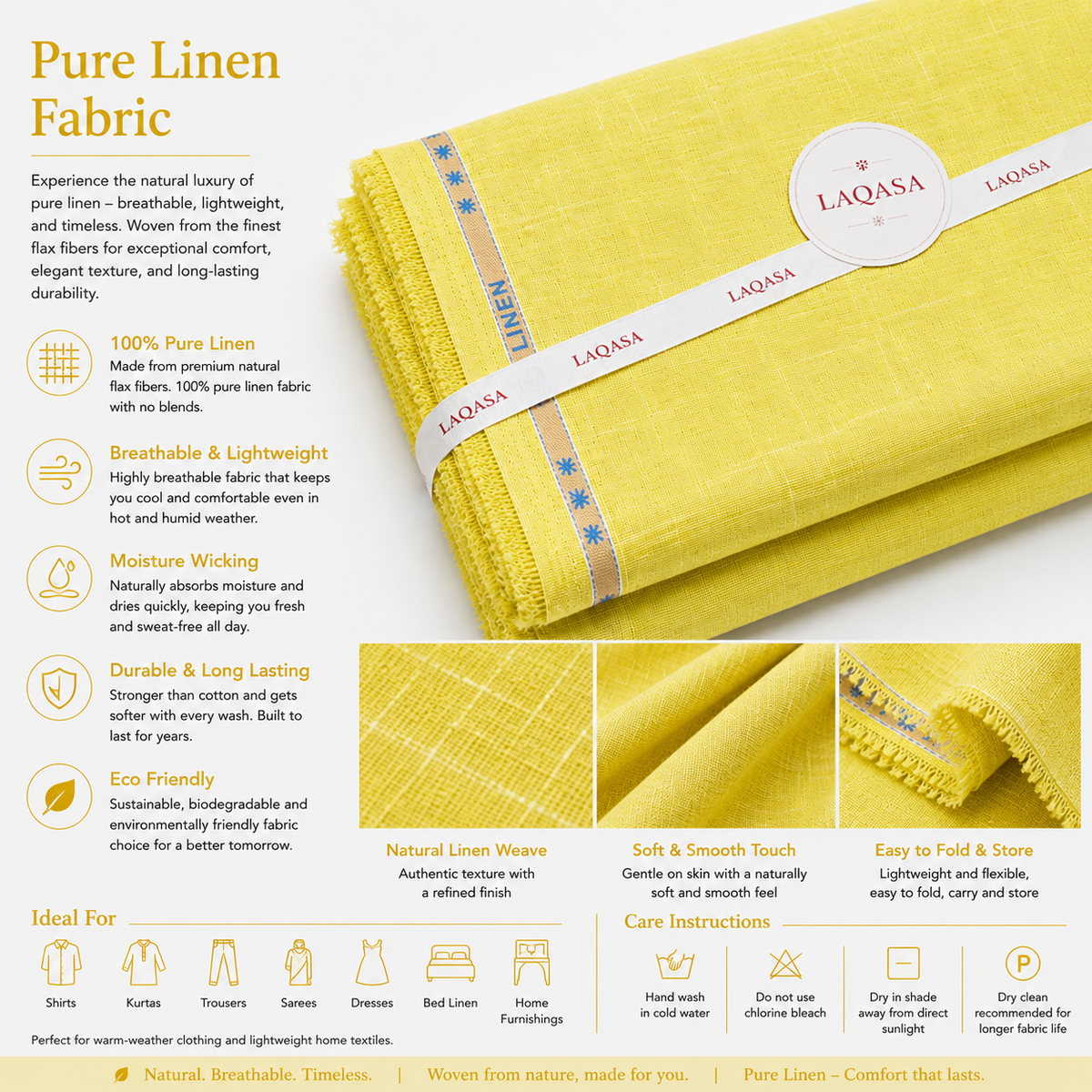 LAQASA 100% Pure Khadi Linen Fabric – Sunny Yellow | Unstitched