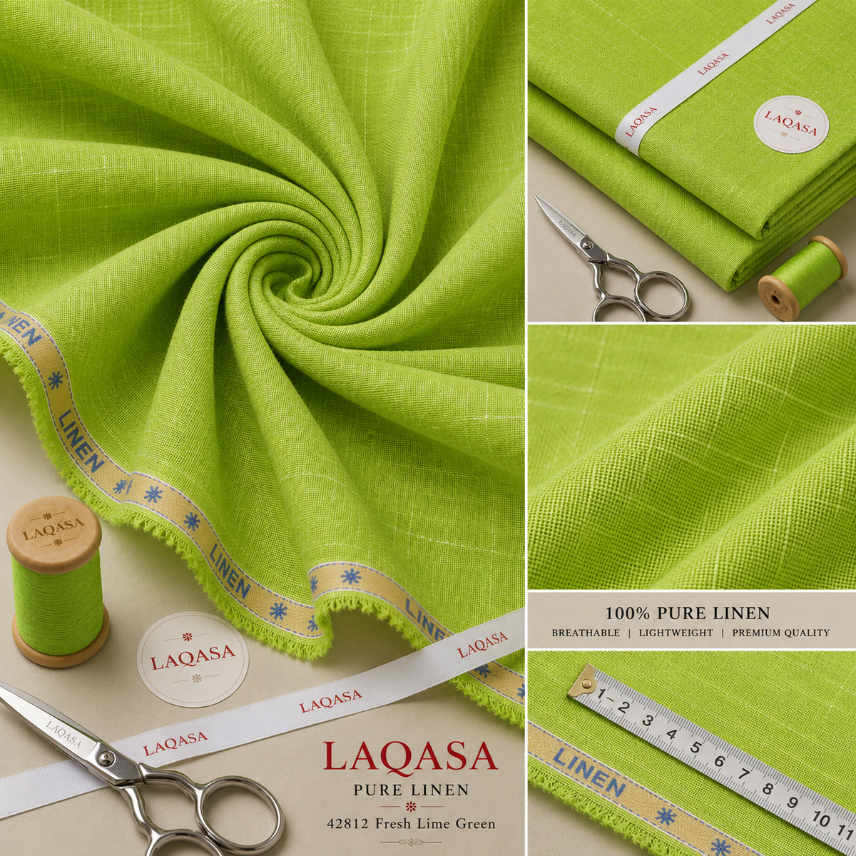 LAQASA 100% Pure Khadi Linen Fabric – Fresh Lime Green | Unstitched